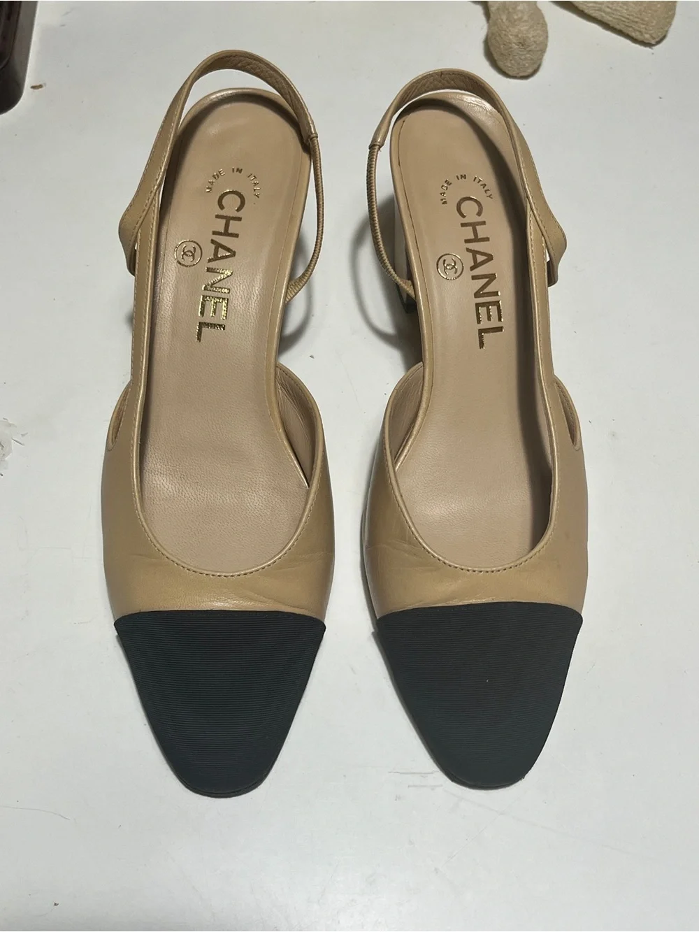 CHANEL Beige and Black Two-Tone Slingback Mules